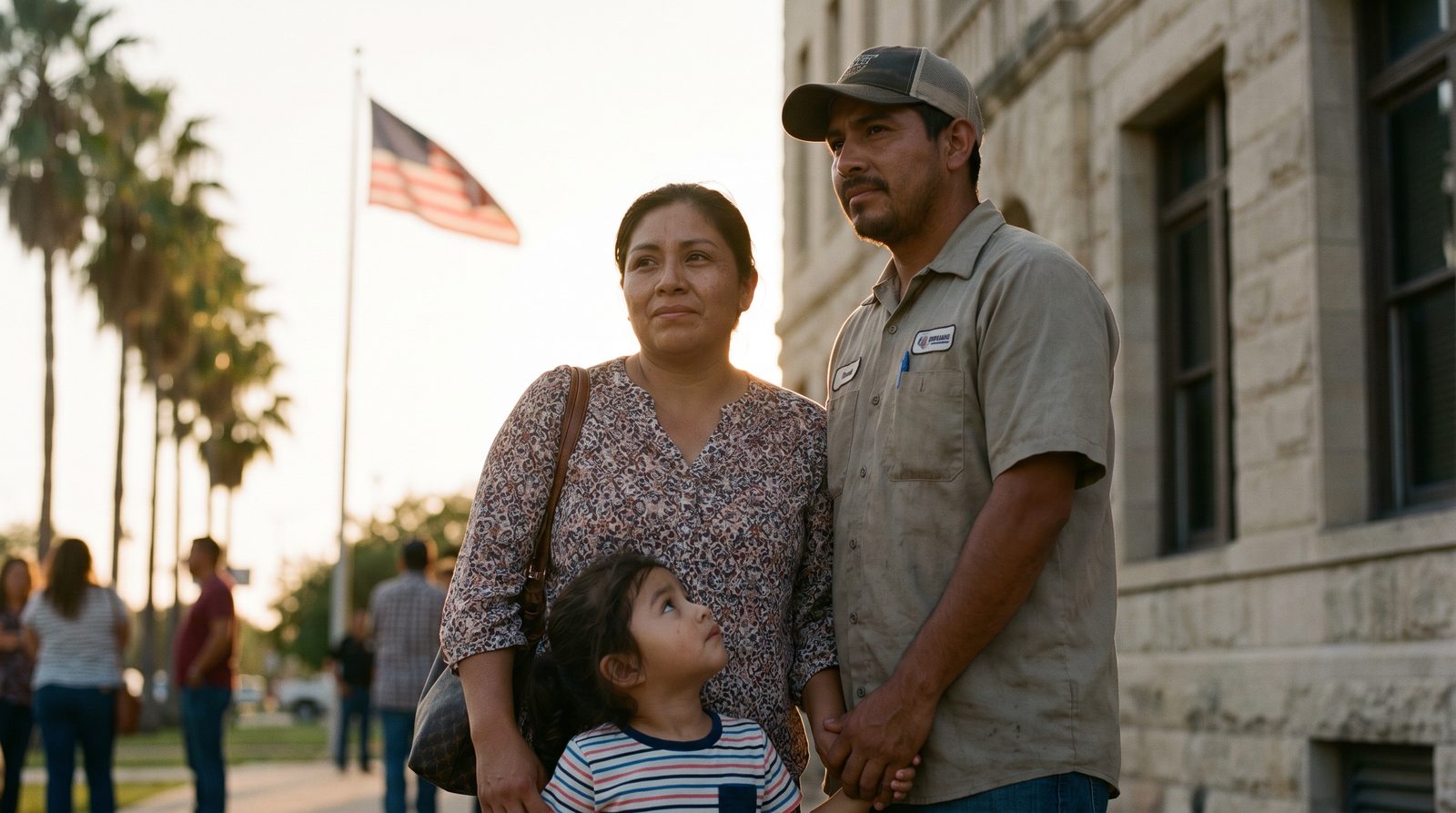 Familia inmigrante frente al juzgado en el Valle del Río Grande